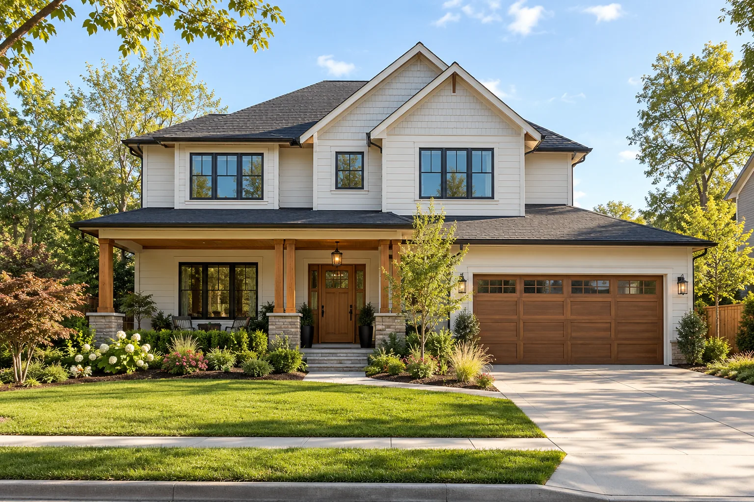 A two-story home with pale siding, wood accents and a landscaped front yard